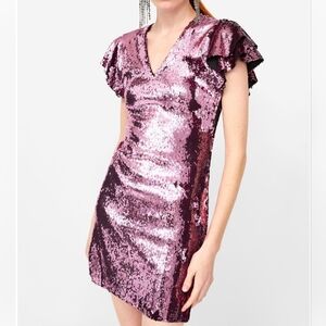 NWOT Zara Pink Sequin Mini Dress with Ruffle Sleeves, SMALL